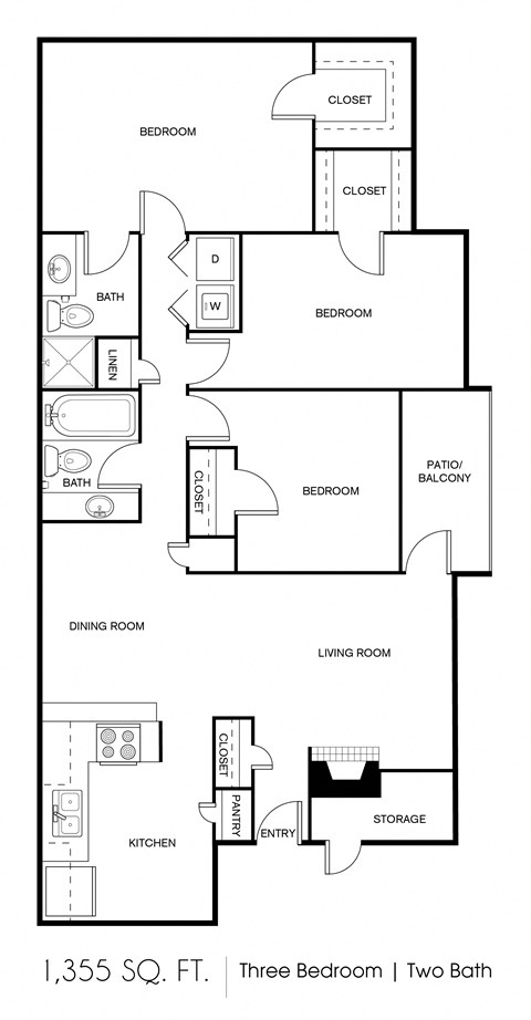 a floor plan of three bedrooms and two baths